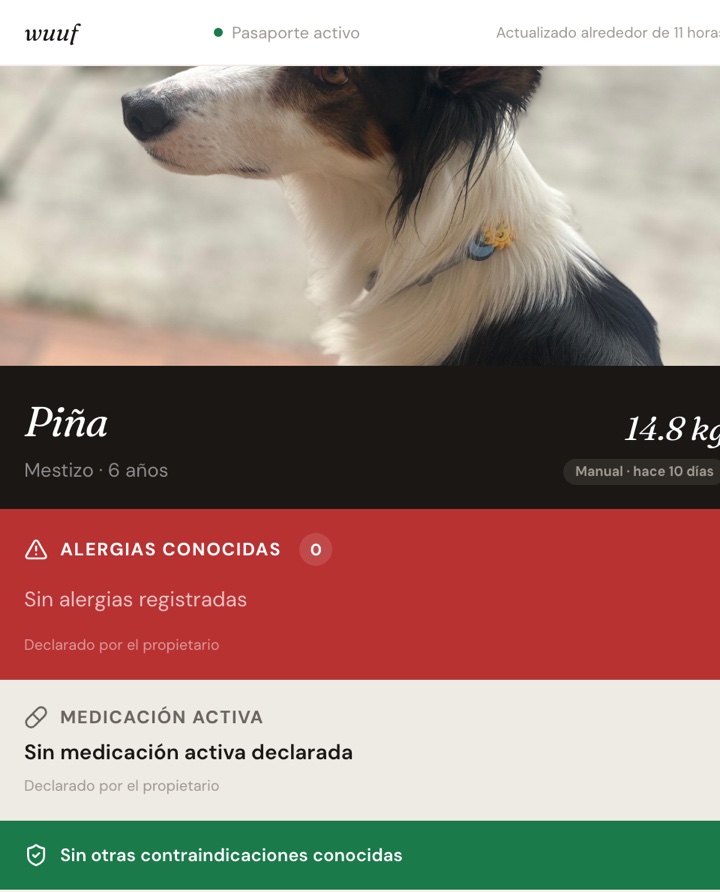 Cabecera del pasaporte de Piña: identidad, peso y las tres banderas